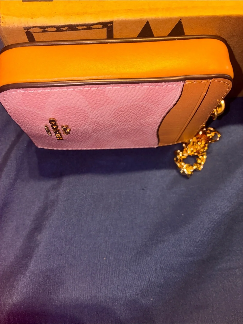 Coach Pink and Orange Leather Card Holder with Gold Chain